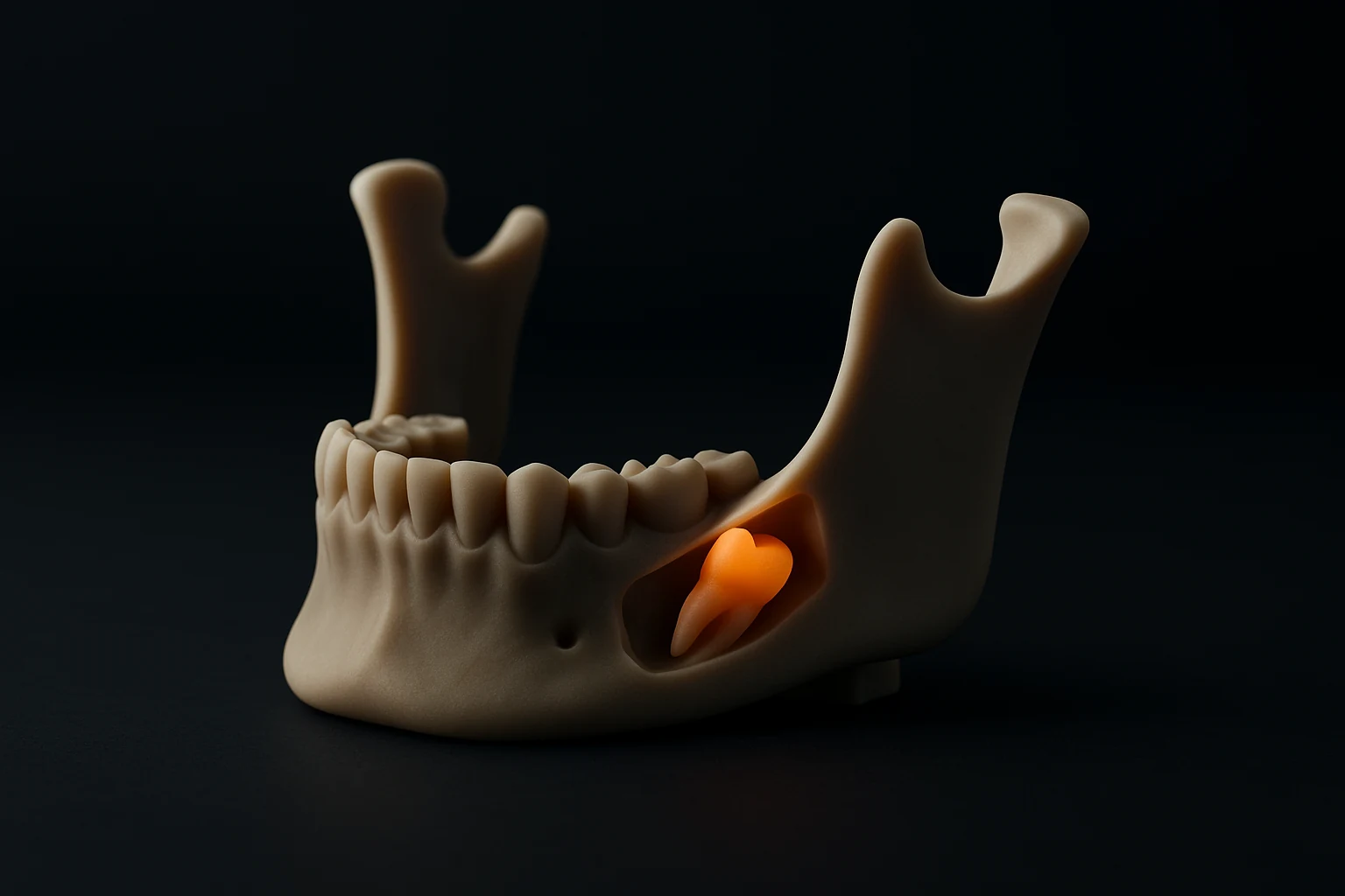 Modelo 3D de estudo impresso da mandíbula, com o siso em destaque