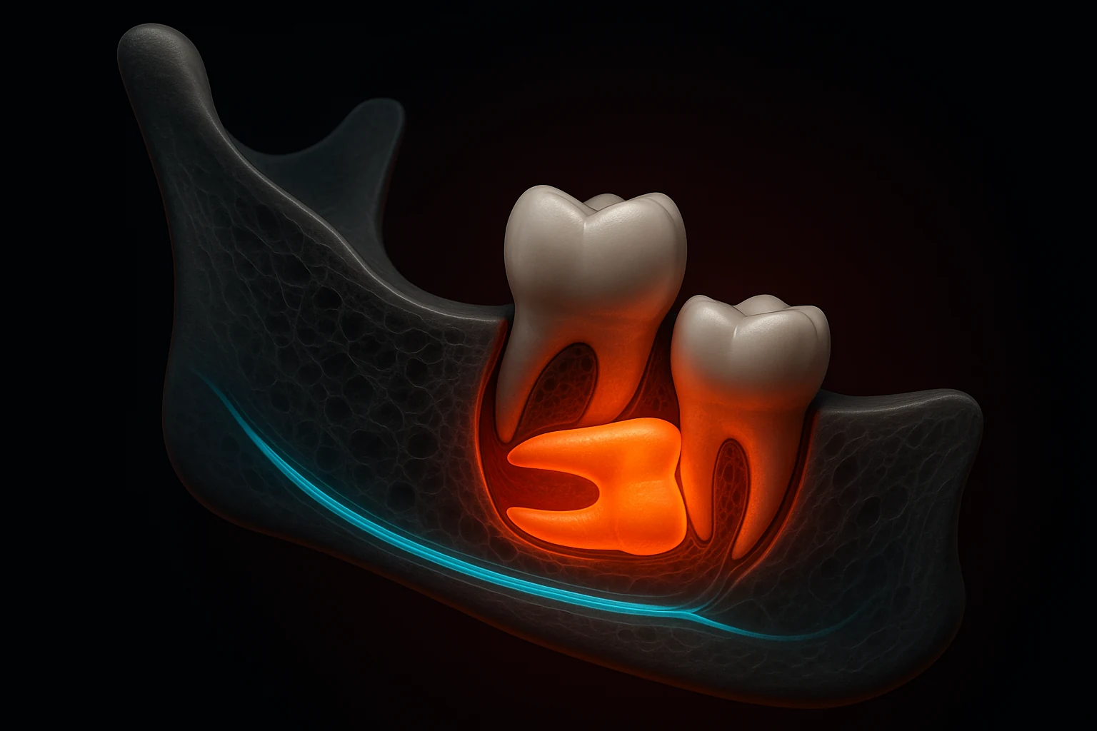 Ilustração: dente do siso impactado na horizontal, pressionando o molar vizinho, com o canal do nervo alveolar inferior rente à raiz